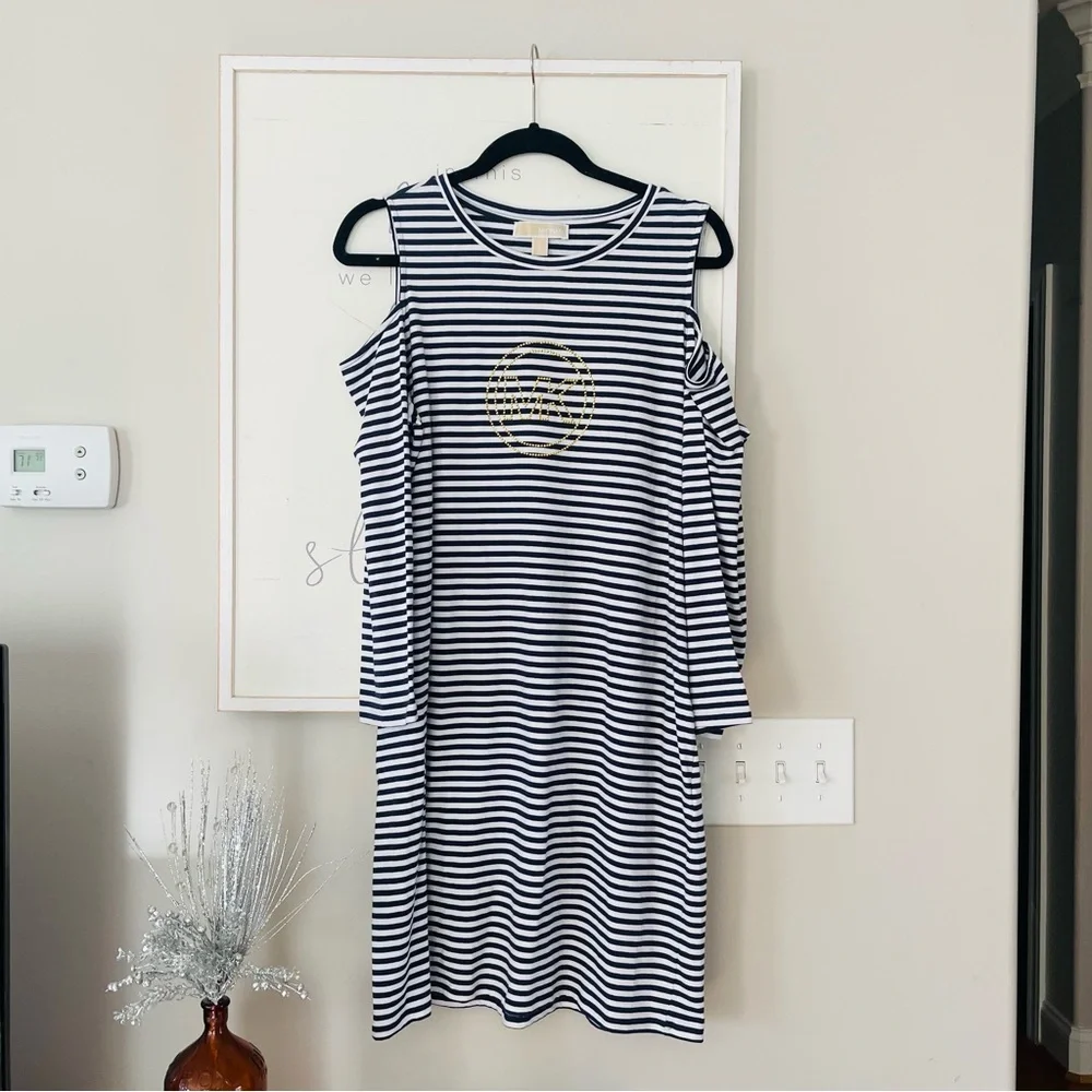 MICHAEL KORS Off Shoulder Navy Blue And White Striped Logo Studded Dress…